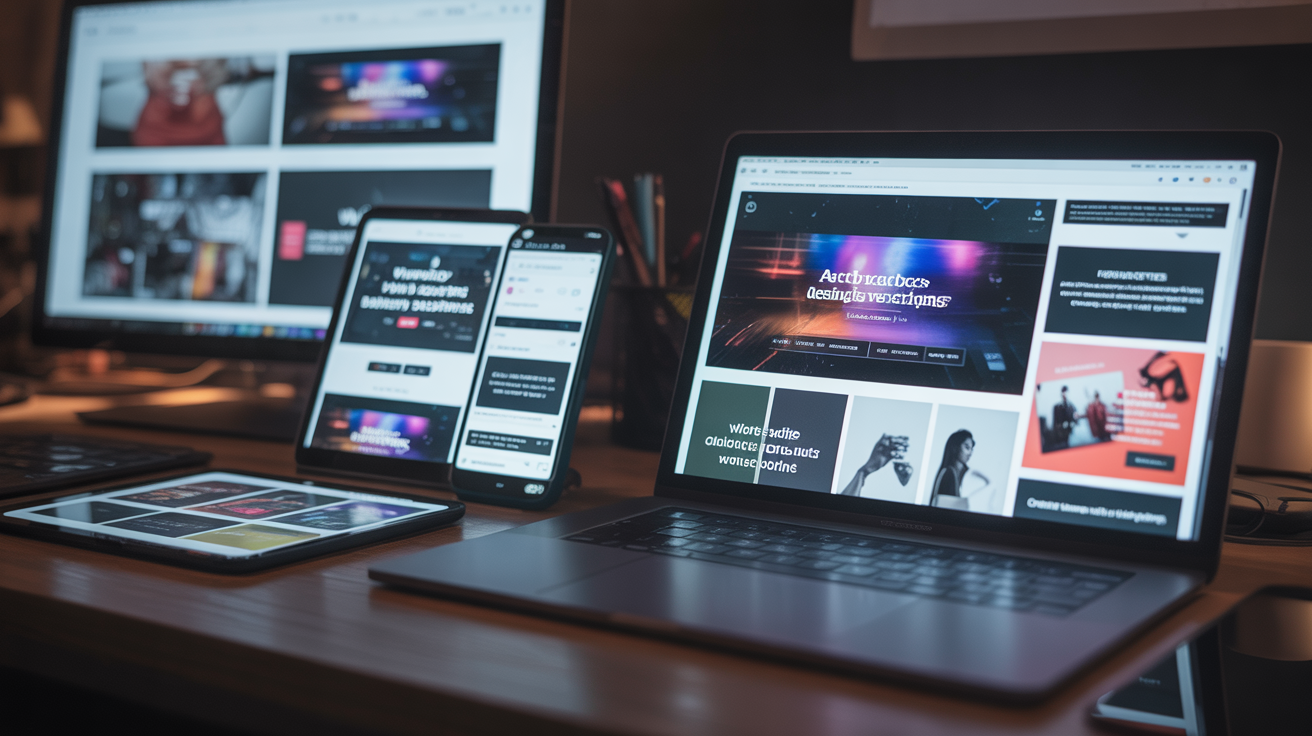 Creative workspace with multiple screens showing website designs